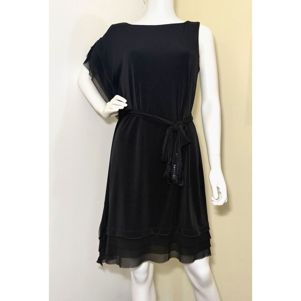 Vince Camuto Black Asymmetric Cape Sleeve Cocktail Dress Sequin Belt Size 6